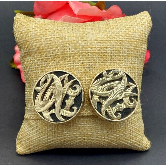 Vintage Bergere Clip On Earrings Large Circles Black Enamel & Gold Swirl Retro - Picture 2 of 7